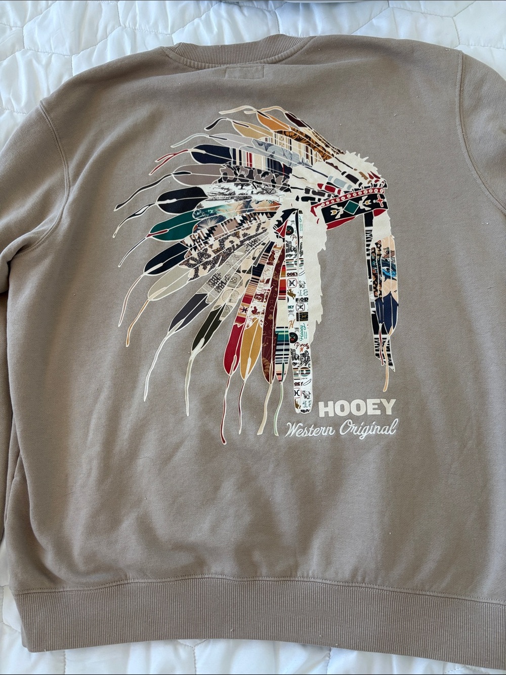 Hooey Taupe Crewneck Sweatshirt with Multicolor Headdress Graphic